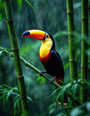 The primary subject of the image is a colorful bird perched on a bamboo branch. The bird is yellow and black, and it appears to be a parrot. The setting is a forest, with the bird sitting on a branch surrounded by greenery. The visual style of the image is a photo, capturing the bird in its natural habitat. The colors and mood of the image are vibrant and lively, with the bird's vivid colors contrasting against the greenery of the forest.